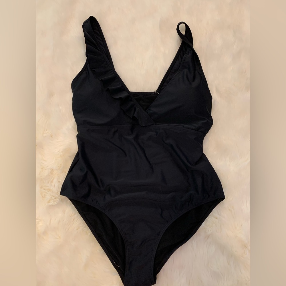 New Pamela Stewart Black SWIM Bathing Suit size L One-piece Ruffle detail NWOT